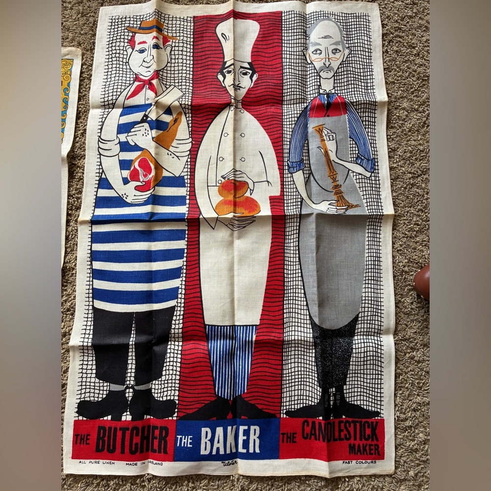 Vintage Irish Linen Tea Towel The Butcher The Baker Candlestick Maker